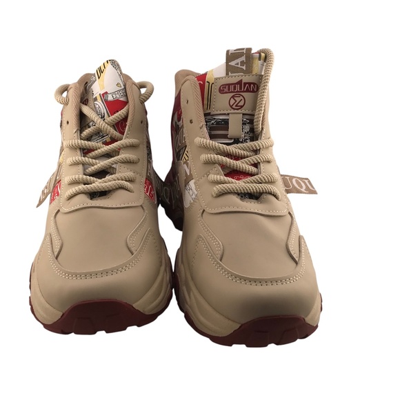 Chunky Graphic Sneakers Beige Red | Streetwear Fashion Trainers - Picture 3 of 8